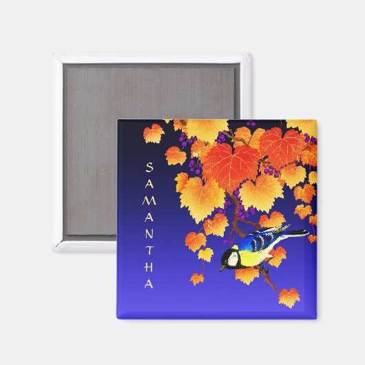 Fall Weintrauben Great Tit Bird Orange Blätter Bla Magnet (Vorderseite/Rückseite)