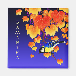 Fall Weintrauben Great Tit Bird Orange Blätter Bla Magnet