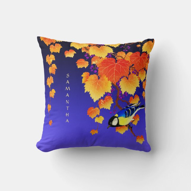 Fall Weintrauben Orange Gold Blätter Große Tit Bir Kissen (Vorderseite)