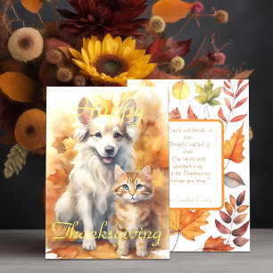 Fall White Collie Dog & Tabby Kitten Erntedank Karte