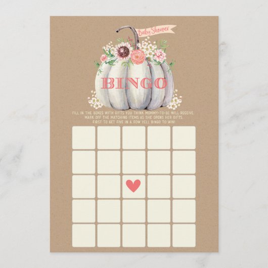 Fall White Pumpkin Baby Dusche Bingo Spiel Menükarte (Vorderseite)