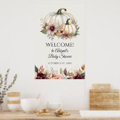 Fall White Pumpkin Burgundy Floral Begrüßungszeich Poster (Küche)