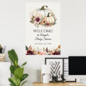 Fall White Pumpkin Burgundy Floral Begrüßungszeich Poster (Heimbüro)