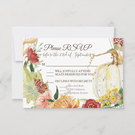 Fall White Pumpkin Floral Burgundy Wreath Wedding RSVP Karte (Vorderseite)