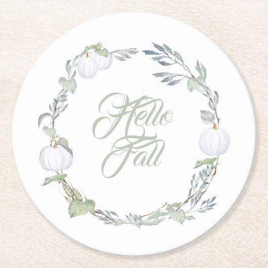 Fall White Pumpkin & Greenery Round Paper Unterset Runder Pappuntersetzer (Vorderseite)