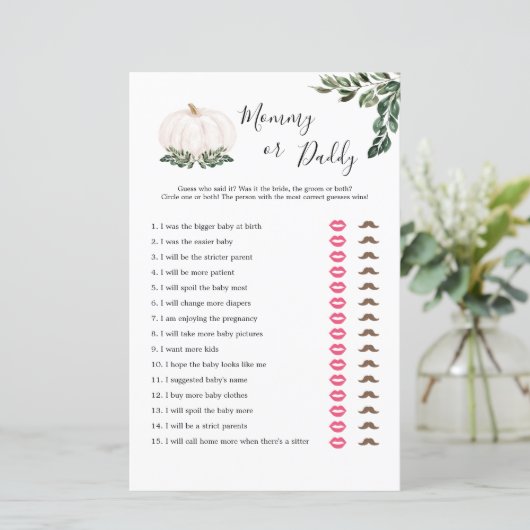 Fall White Pumpkin Mommy oder Daddy Game Cards (Stehend Vorderseite)