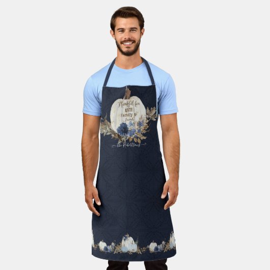 Fall White Pumpkin Rustic Blätter Navy Blue Floral Schürze (Getragen)