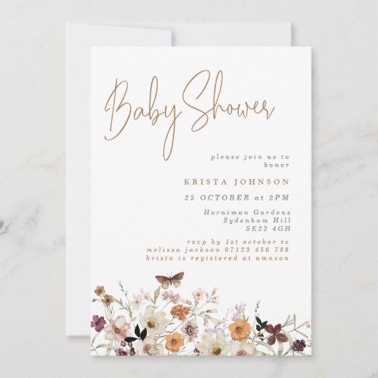 Fall Wild Blume Boho Kinderdusche Einladung (Vorderseite)