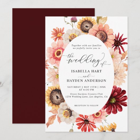 Fall Wild Blumen Sonnenblumen & Burgund Hochzeit Einladung (Vorne/Hinten)