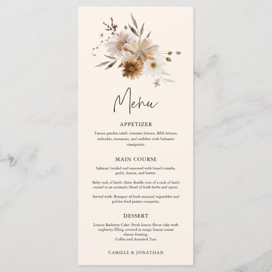 Fall-Wildblume-Hochzeitmenü Menükarte (Vorderseite)