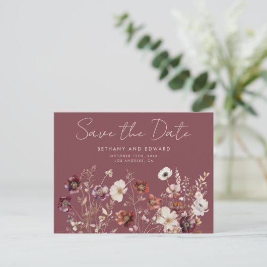 Fall Wildblume Mauve Wedding Save the Date Postkarte (Stehend Vorderseite)