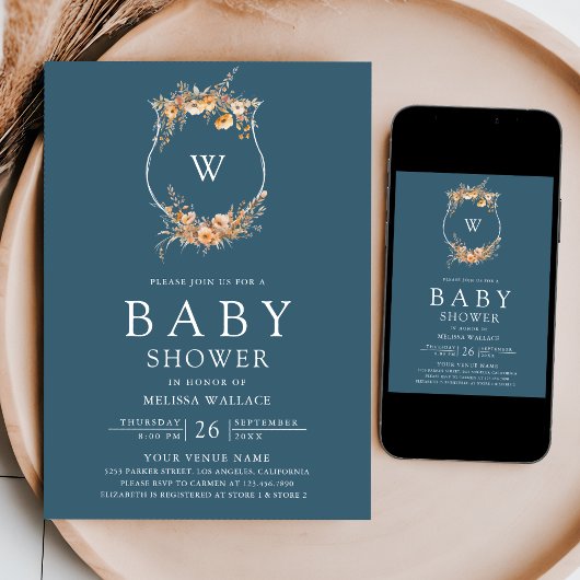 Fall Wildblume QR Code Dusty Blue Baby Shooter Einladung