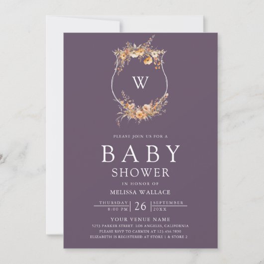 Fall-Wildblume QR Code Dusty Lila Baby Shower Einladung (Vorderseite)