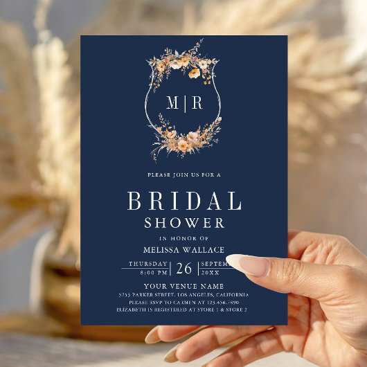 Fall Wildblume QR Code Navy Blue Brautparty Einladung