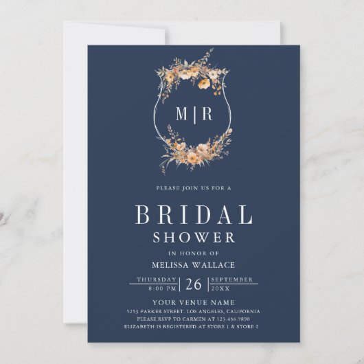 Fall Wildblume QR Code Navy Blue Brautparty Einladung (Vorderseite)