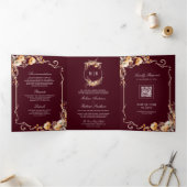 Fall Wildblume Wappen Burgund QR Code Hochzeit Dreifach Gefaltete Einladung (Innenseite)