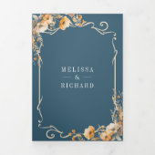 Fall Wildblume Wappen Dusty Blue QR Code Hochzeit Dreifach Gefaltete Einladung (Cover)