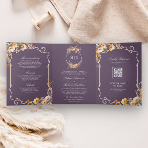 Fall Wildblume Wappen Dusty Lila QR Code Hochzeit Dreifach Gefaltete Einladung