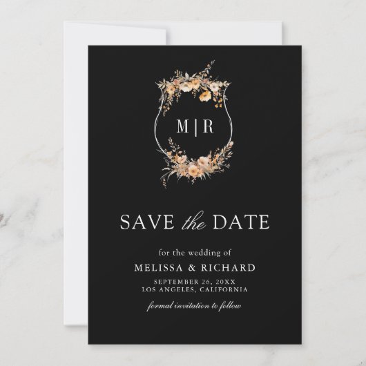 Fall Wildblume Wappen QR Code Black Wedding Save The Date (Vorderseite)