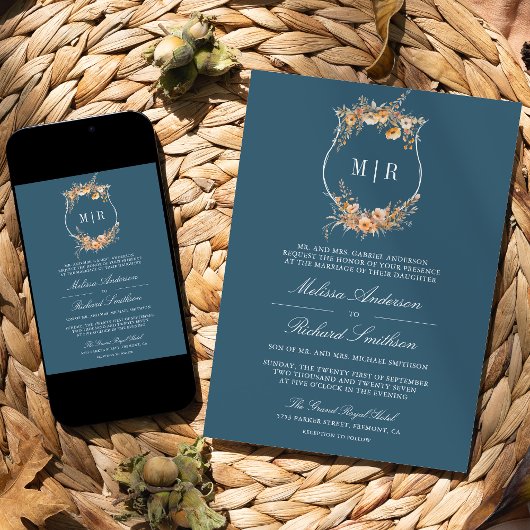 Fall Wildblume Wappen QR Code Dusty Blue Wedding Einladung