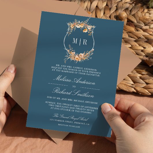 Fall Wildblume Wappen QR Code Dusty Blue Wedding Einladung