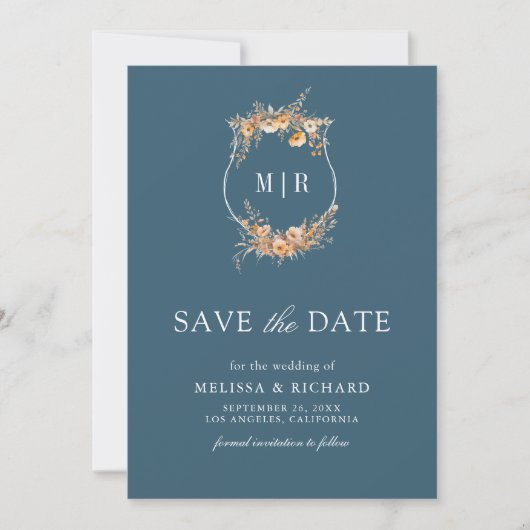 Fall Wildblume Wappen QR Code Dusty Blue Wedding Save The Date (Vorderseite)