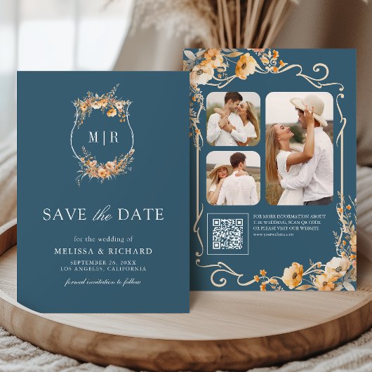 Fall Wildblume Wappen QR Code Dusty Blue Wedding Save The Date