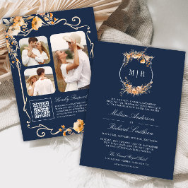 Fall Wildblume Wappen QR Code Navy Blue Wedding Einladung