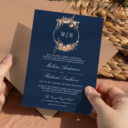 Fall Wildblume Wappen QR Code Navy Blue Wedding Einladung