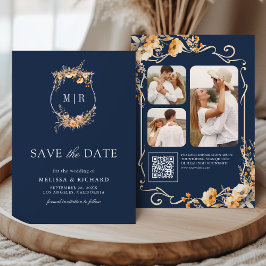 Fall Wildblume Wappen QR Code Navy Blue Wedding Save The Date