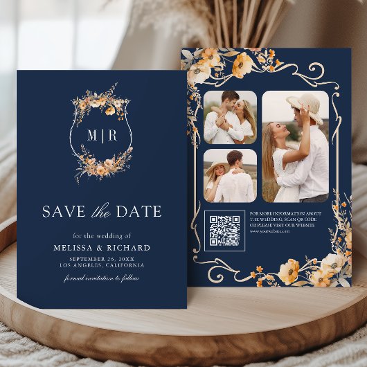 Fall Wildblume Wappen QR Code Navy Blue Wedding Save The Date