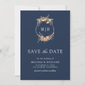 Fall Wildblume Wappen QR Code Navy Blue Wedding Save The Date (Vorderseite)