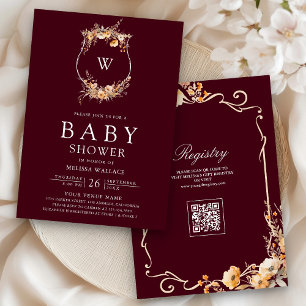 Fall Wildblumen-Kamm QR-Code Burgunder-Baby-Party Einladung