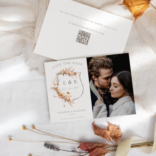 Fall Wildblumen Monogram Wappen QR Foto Hochzeit Save The Date
