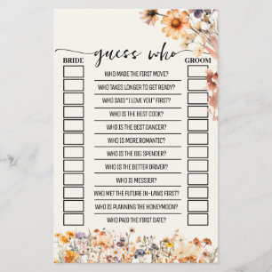 Fall Wildblumen raten, wer Brautparty-Spielkarte Flyer
