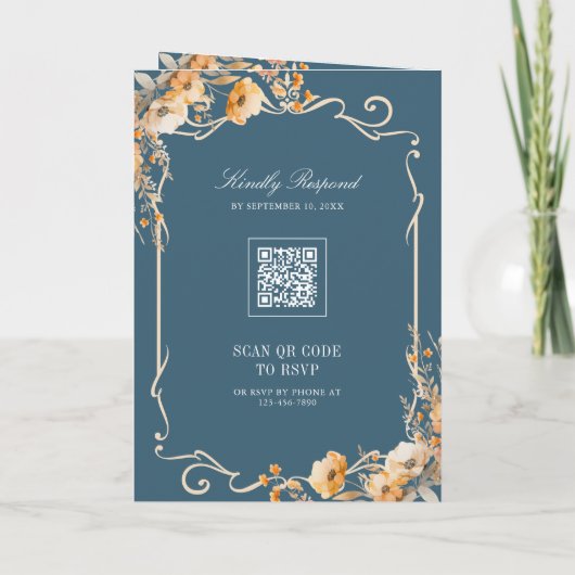 Fall Wildflower Crest Dusty Blue QR Code Wedding Einladung (Rückseite)