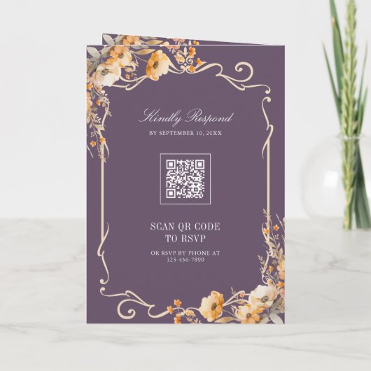 Fall Wildflower Crest Dusty Purple QR Code Wedding Einladung (Rückseite)