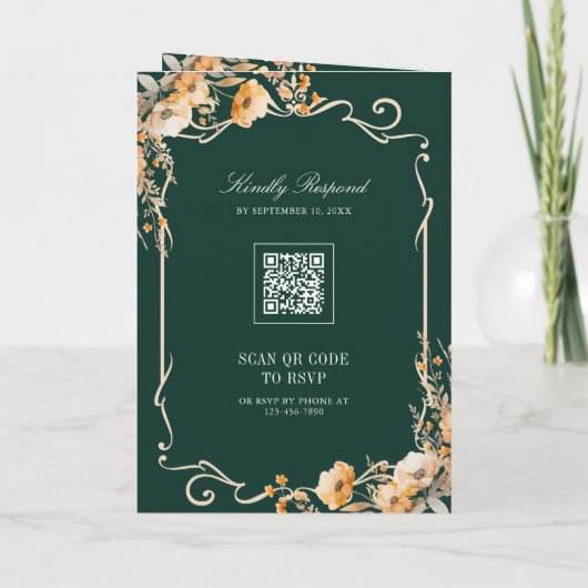 Fall Wildflower Crest Emerald QR Code Wedding Einladung (Rückseite)