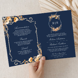 Fall Wildflower Crest Navy Blue QR Code Wedding Einladung