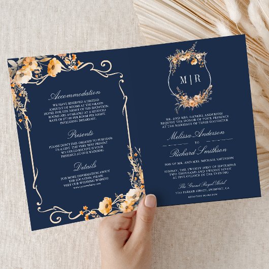 Fall Wildflower Crest Navy Blue QR Code Wedding Einladung