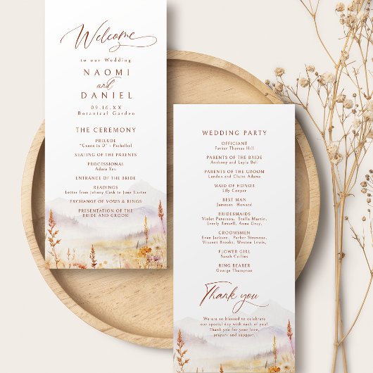 Fall Wildflower Mountain Rustic Wedding Programs Menükarte