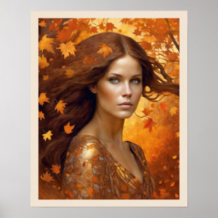 Fall Wind Woman in Orange Blätter Blaue Augen Frau Poster