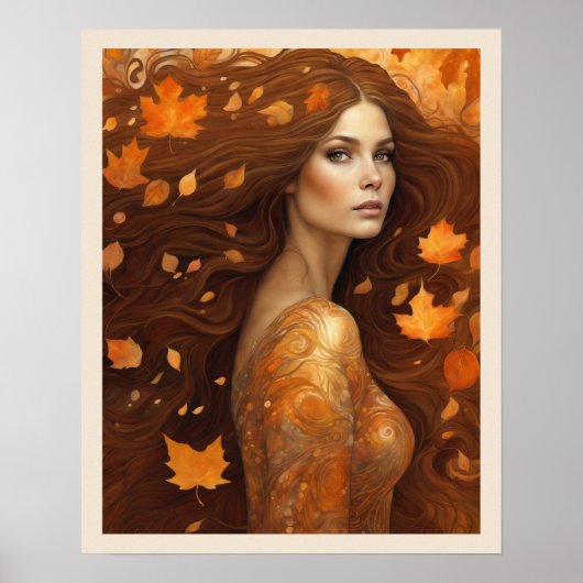 Fall Wind Woman in Orange Blätter Kunst, Dichtung Poster (Vorne)