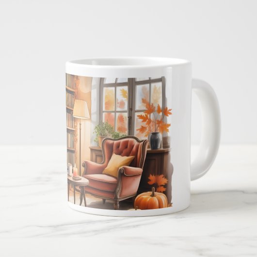 Fall Window Reading MUG — Cozy Chair & Books Jumbo-Tasse (Vorderseite Rechts)