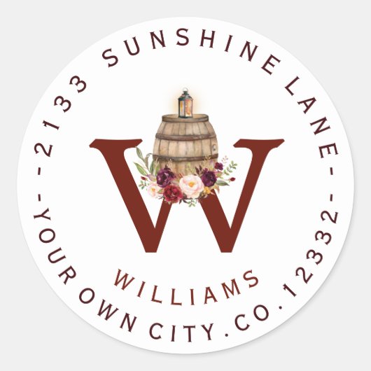 Fall Wine Barrel Monogram Circle Address Label Runder Aufkleber (Vorderseite)