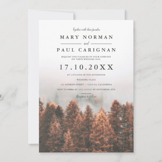Fall winter pine trees forest photo chic wedding einladung (Vorderseite)