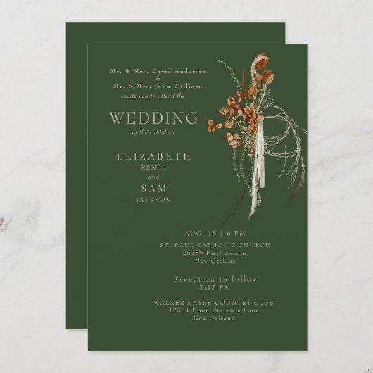 Fall Wispy Boho Forest Green Beide Eltern Einladung (Vorne/Hinten)