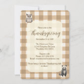 Fall Woodland Animals Brown Gingham Erntedank Einladung (Vorderseite)