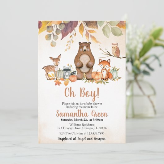 Fall Woodland Babydusche Einladung (Stehend Vorderseite)