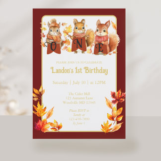 Fall Woodland Eichhörnchen erster Geburtstag Einladung